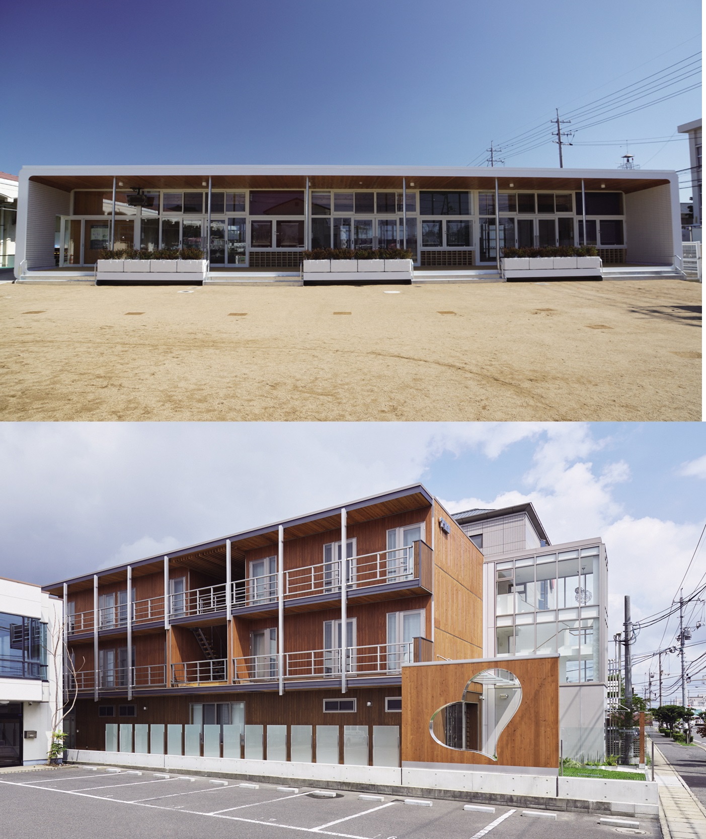 上：保育施設（平屋建）、下：事務所付寄宿舎（３階建）